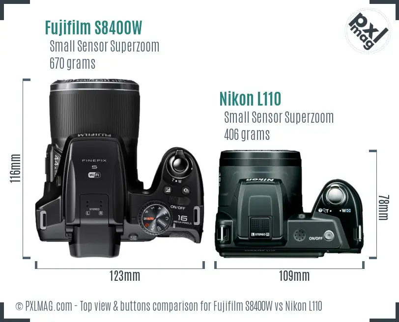 Fujifilm S8400W vs Nikon L110 top view buttons comparison Fujifilm S8400W vs Nikon L110 top view buttons comparison