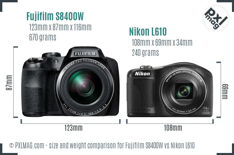 Fujifilm S8400W vs Nikon L610 size comparison Fujifilm S8400W vs Nikon L610 size comparison