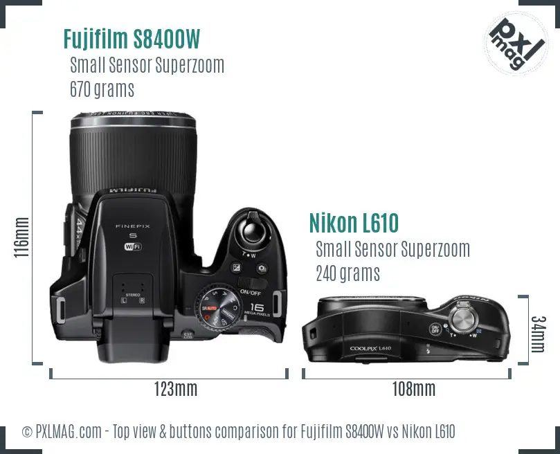 Fujifilm S8400W vs Nikon L610 top view buttons comparison Fujifilm S8400W vs Nikon L610 top view buttons comparison