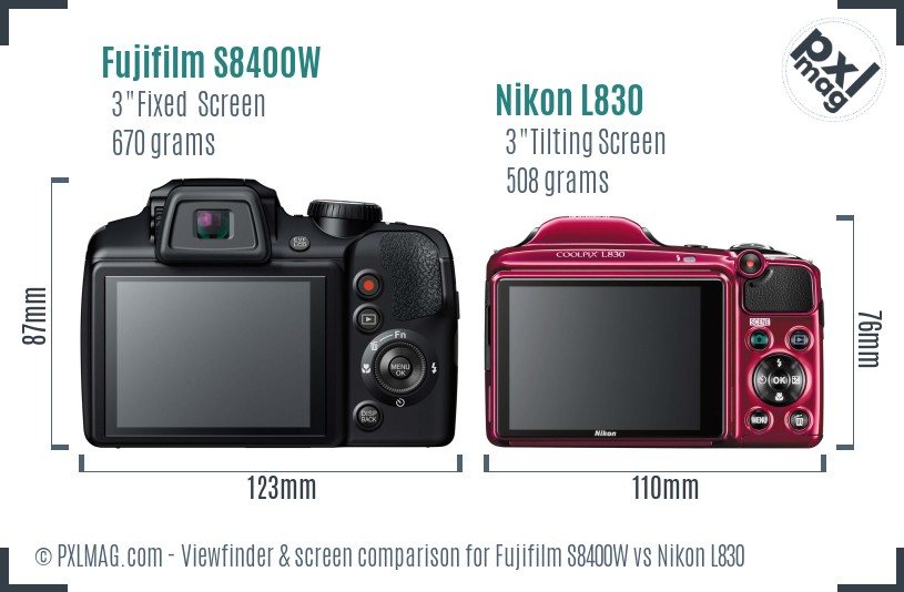 Fujifilm S8400W vs Nikon L830 Screen and Viewfinder comparison