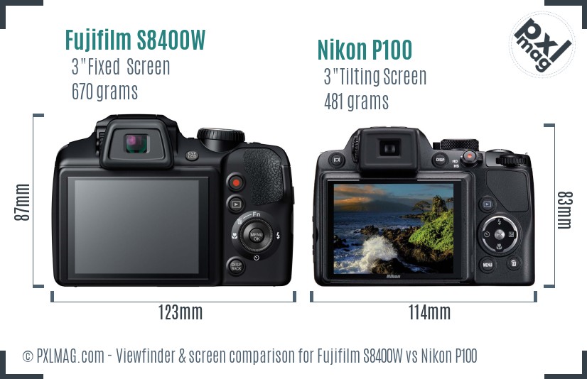 Fujifilm S8400W vs Nikon P100 Screen and Viewfinder comparison