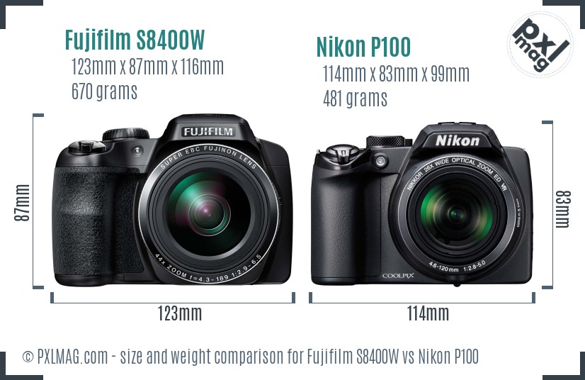 Fujifilm S8400W vs Nikon P100 size comparison