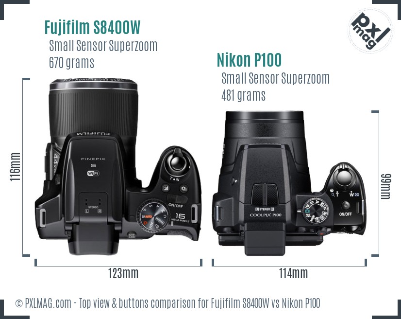 Fujifilm S8400W vs Nikon P100 top view buttons comparison