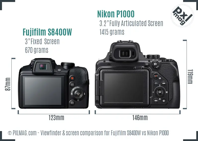 Fujifilm S8400W vs Nikon P1000 Screen and Viewfinder comparison
