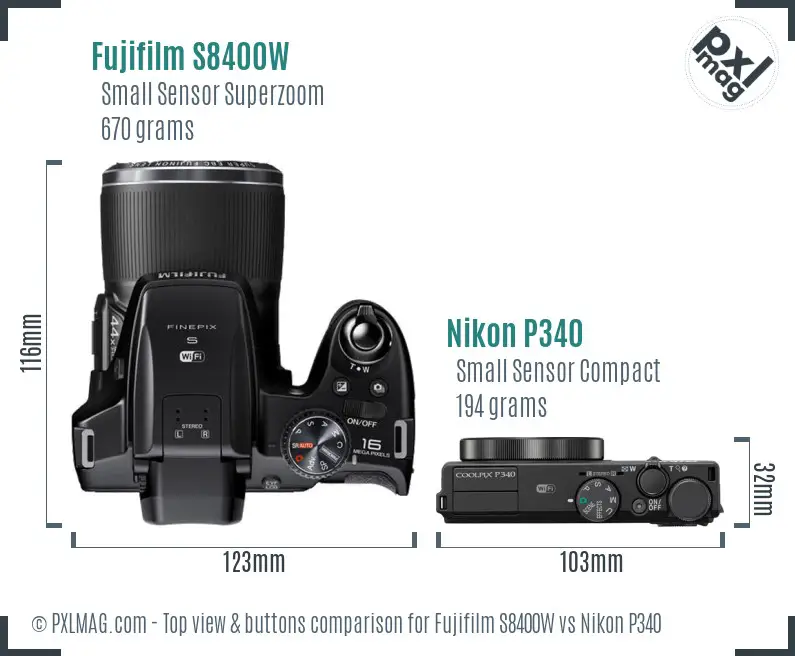 Fujifilm S8400W vs Nikon P340 top view buttons comparison