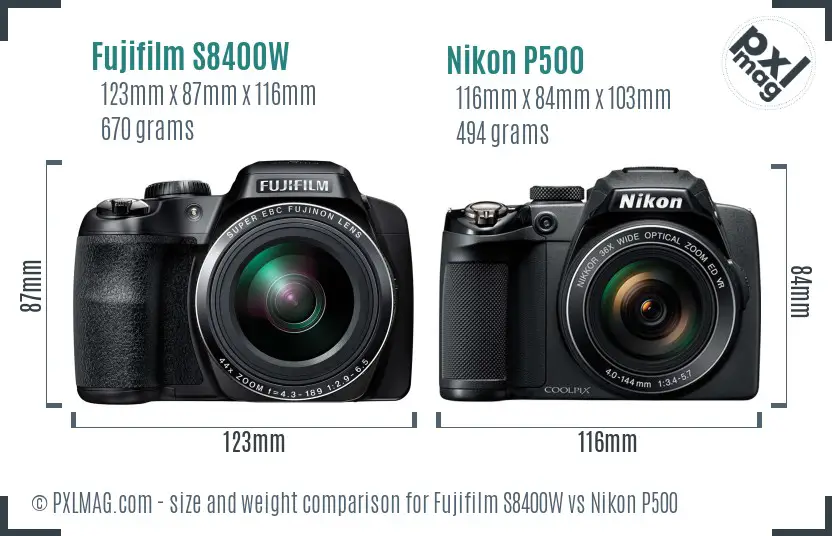 Fujifilm S8400W vs Nikon P500 size comparison Fujifilm S8400W vs Nikon P500 size comparison