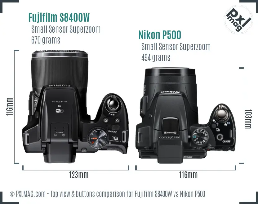 Fujifilm S8400W vs Nikon P500 top view buttons comparison Fujifilm S8400W vs Nikon P500 top view buttons comparison