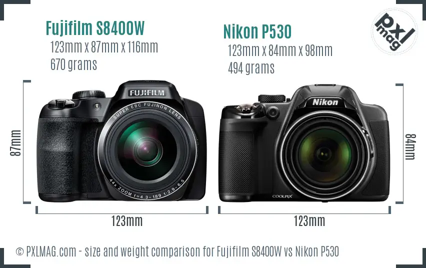 Fujifilm S8400W vs Nikon P530 size comparison