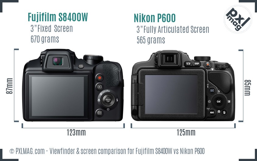 Fujifilm S8400W vs Nikon P600 Screen and Viewfinder comparison