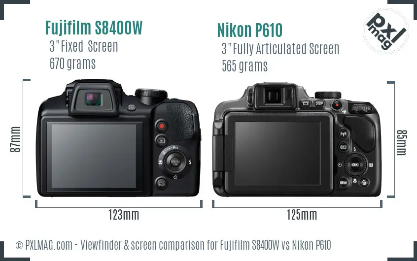 Fujifilm S8400W vs Nikon P610 Screen and Viewfinder comparison