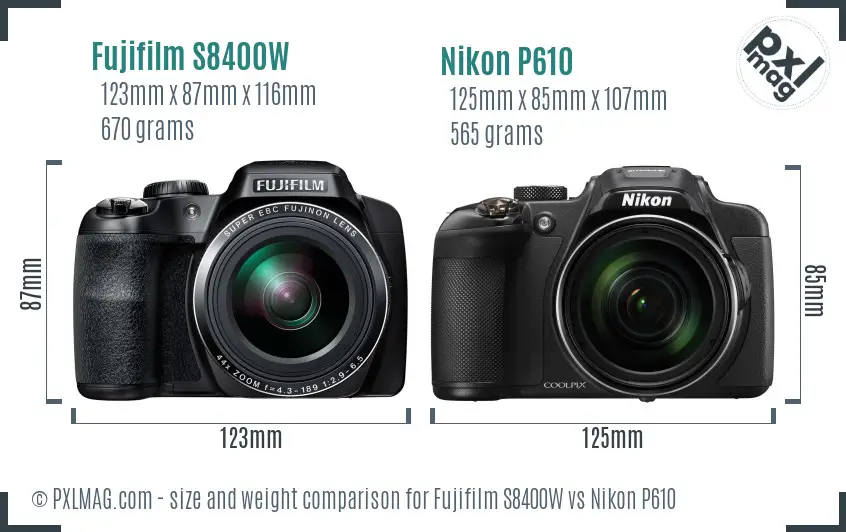 Fujifilm S8400W vs Nikon P610 size comparison