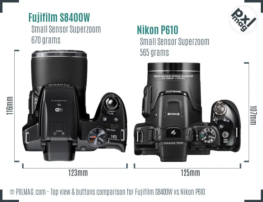 Fujifilm S8400W vs Nikon P610 top view buttons comparison