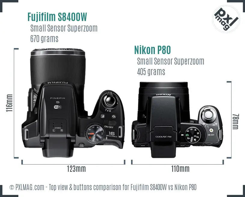 Fujifilm S8400W vs Nikon P80 top view buttons comparison