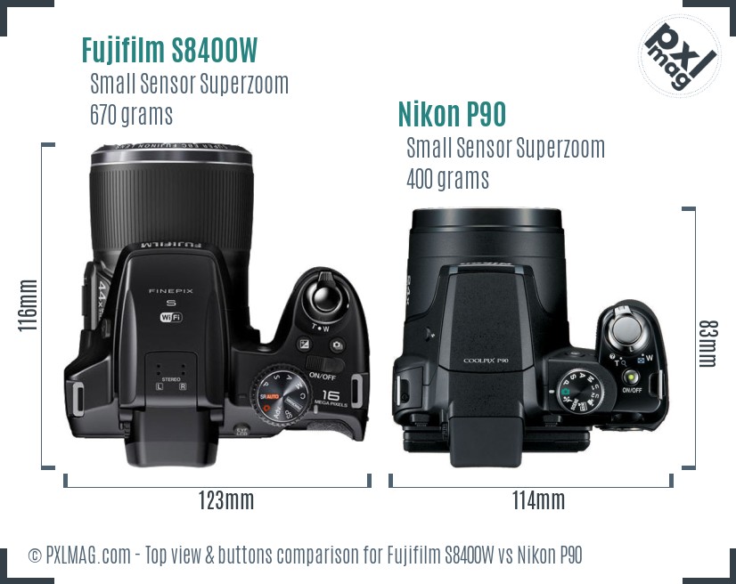 Fujifilm S8400W vs Nikon P90 top view buttons comparison