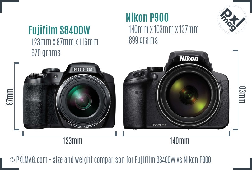 Fujifilm S8400W vs Nikon P900 size comparison