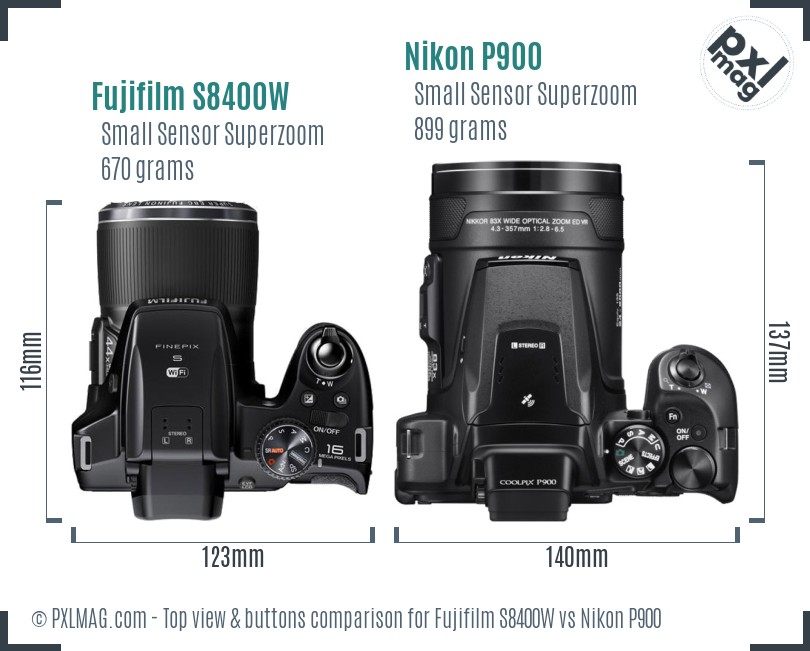 Fujifilm S8400W vs Nikon P900 top view buttons comparison