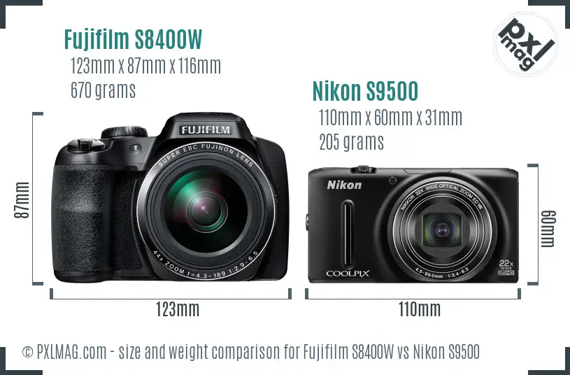 Fujifilm S8400W vs Nikon S9500 size comparison