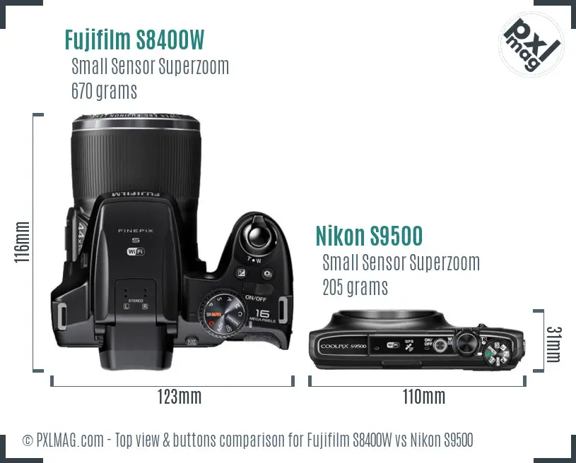 Fujifilm S8400W vs Nikon S9500 top view buttons comparison