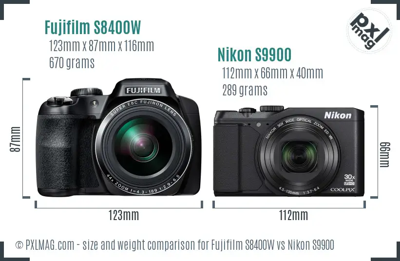 Fujifilm S8400W vs Nikon S9900 size comparison Fujifilm S8400W vs Nikon S9900 size comparison