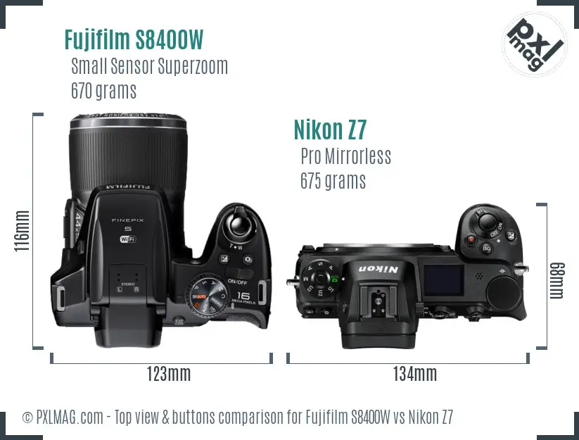 Fujifilm S8400W vs Nikon Z7 top view buttons comparison
