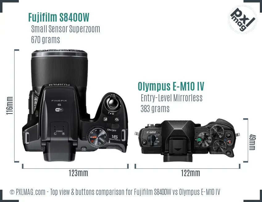 Fujifilm S8400W vs Olympus E-M10 IV top view buttons comparison