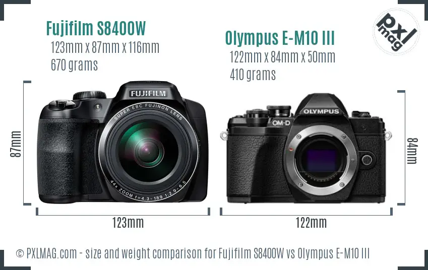 Fujifilm S8400W vs Olympus E-M10 III size comparison