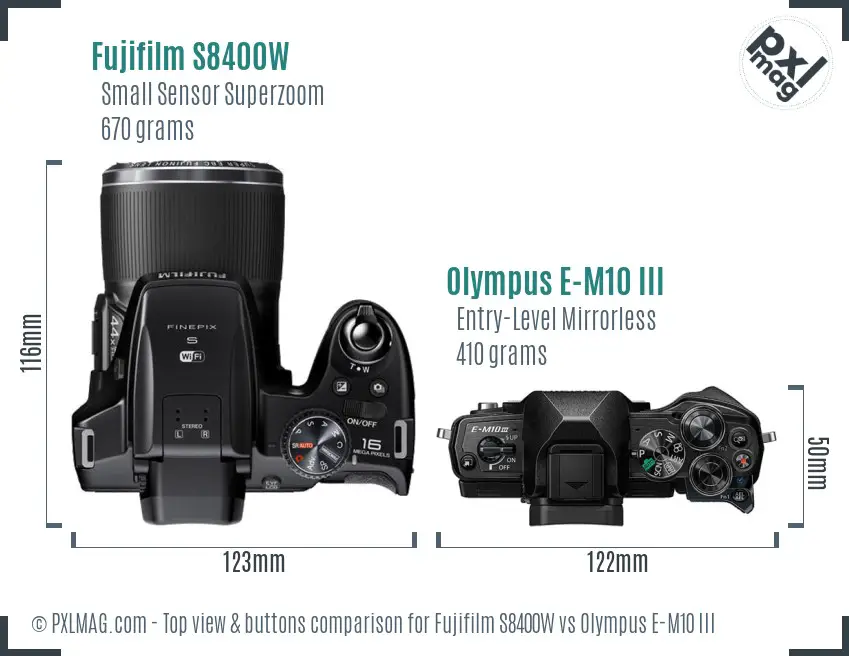 Fujifilm S8400W vs Olympus E-M10 III top view buttons comparison