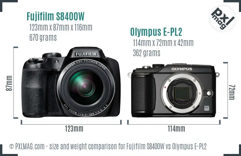 Fujifilm S8400W vs Olympus E-PL2 size comparison
