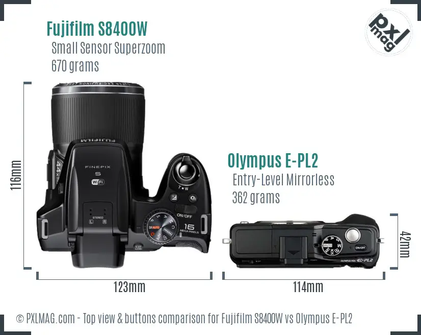 Fujifilm S8400W vs Olympus E-PL2 top view buttons comparison