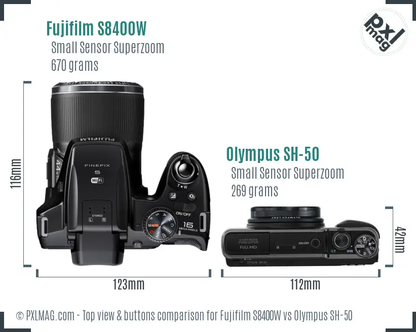 Fujifilm S8400W vs Olympus SH-50 top view buttons comparison Fujifilm S8400W vs Olympus SH-50 top view buttons comparison