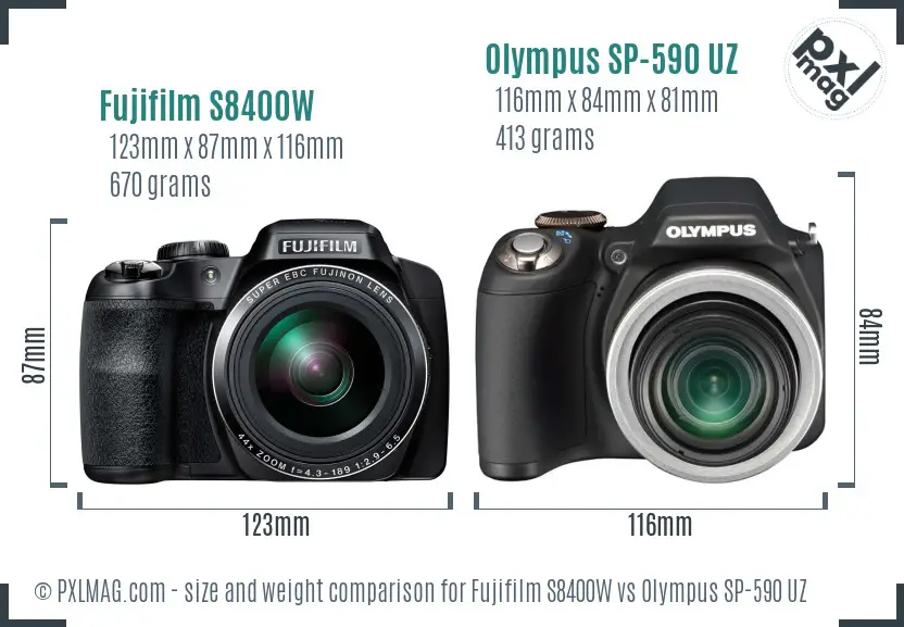 Fujifilm S8400W vs Olympus SP-590 UZ size comparison Fujifilm S8400W vs Olympus SP-590 UZ size comparison