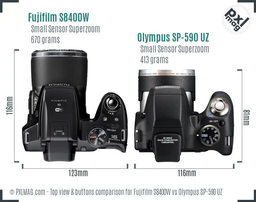 Fujifilm S8400W vs Olympus SP-590 UZ top view buttons comparison Fujifilm S8400W vs Olympus SP-590 UZ top view buttons comparison