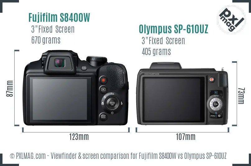 Fujifilm S8400W vs Olympus SP-610UZ Screen and Viewfinder comparison