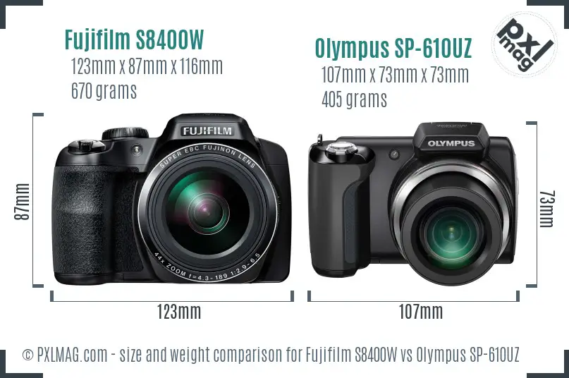 Fujifilm S8400W vs Olympus SP-610UZ size comparison Fujifilm S8400W vs Olympus SP-610UZ size comparison