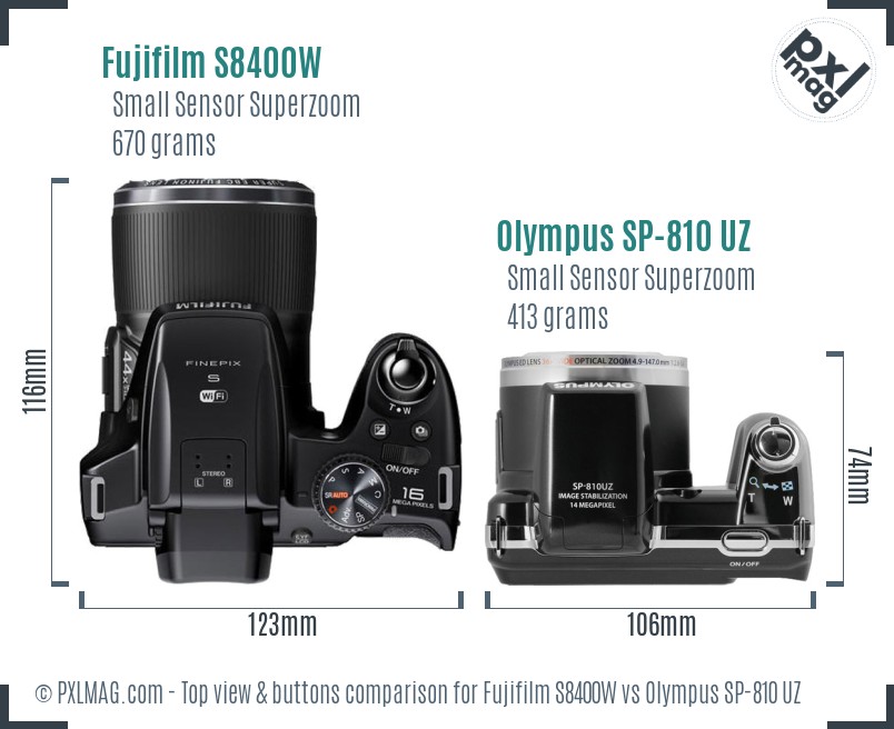 Fujifilm S8400W vs Olympus SP-810 UZ top view buttons comparison