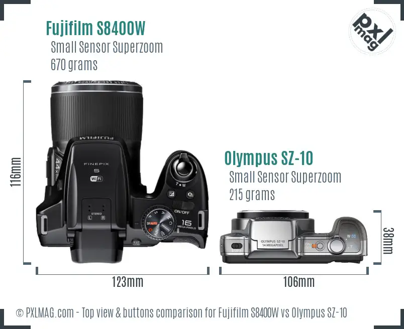 Fujifilm S8400W vs Olympus SZ-10 top view buttons comparison