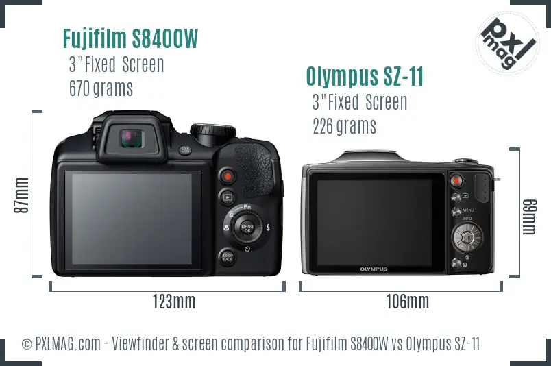 Fujifilm S8400W vs Olympus SZ-11 Screen and Viewfinder comparison