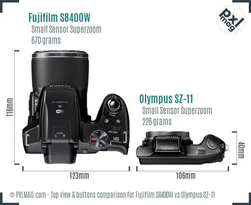 Fujifilm S8400W vs Olympus SZ-11 top view buttons comparison