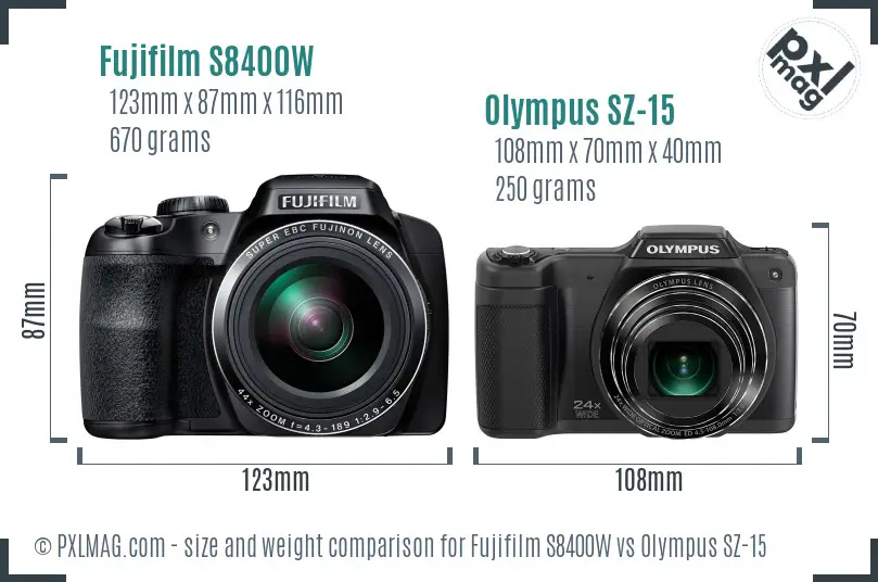 Fujifilm S8400W vs Olympus SZ-15 size comparison
