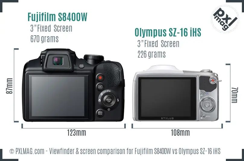 Fujifilm S8400W vs Olympus SZ-16 iHS Screen and Viewfinder comparison