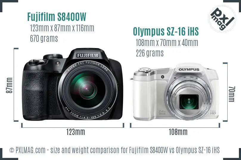 Fujifilm S8400W vs Olympus SZ-16 iHS size comparison