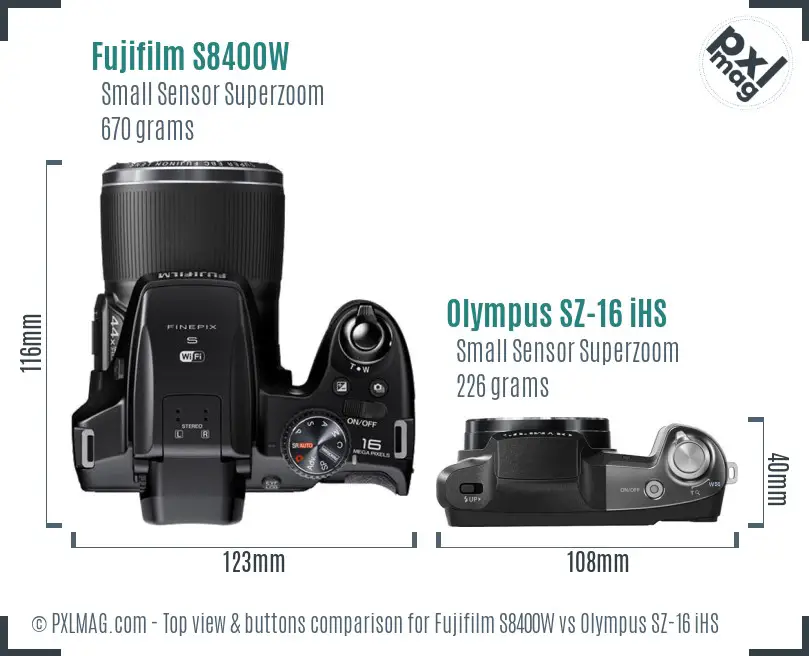 Fujifilm S8400W vs Olympus SZ-16 iHS top view buttons comparison