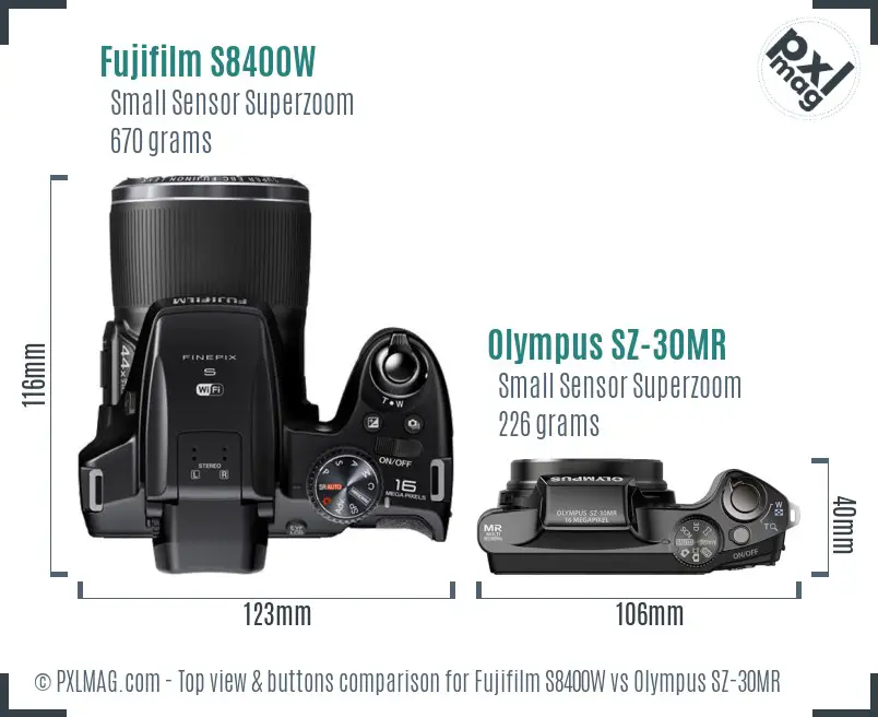Fujifilm S8400W vs Olympus SZ-30MR top view buttons comparison Fujifilm S8400W vs Olympus SZ-30MR top view buttons comparison