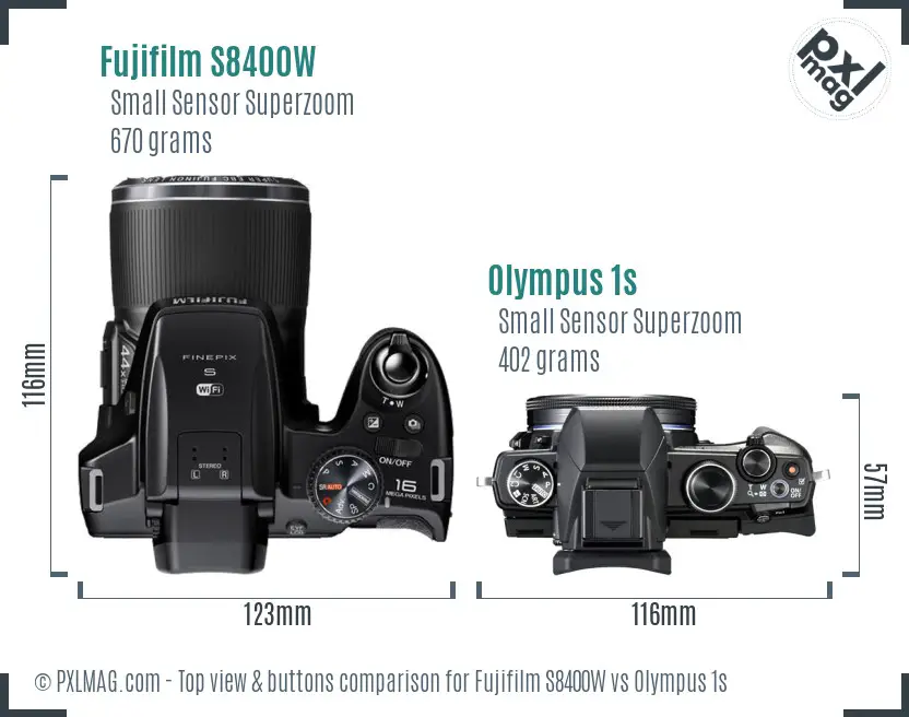 Fujifilm S8400W vs Olympus 1s top view buttons comparison