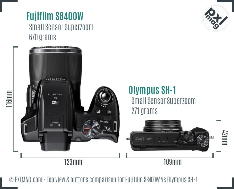 Fujifilm S8400W vs Olympus SH-1 top view buttons comparison