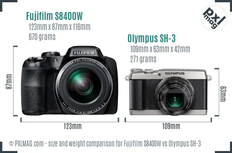 Fujifilm S8400W vs Olympus SH-3 size comparison Fujifilm S8400W vs Olympus SH-3 size comparison