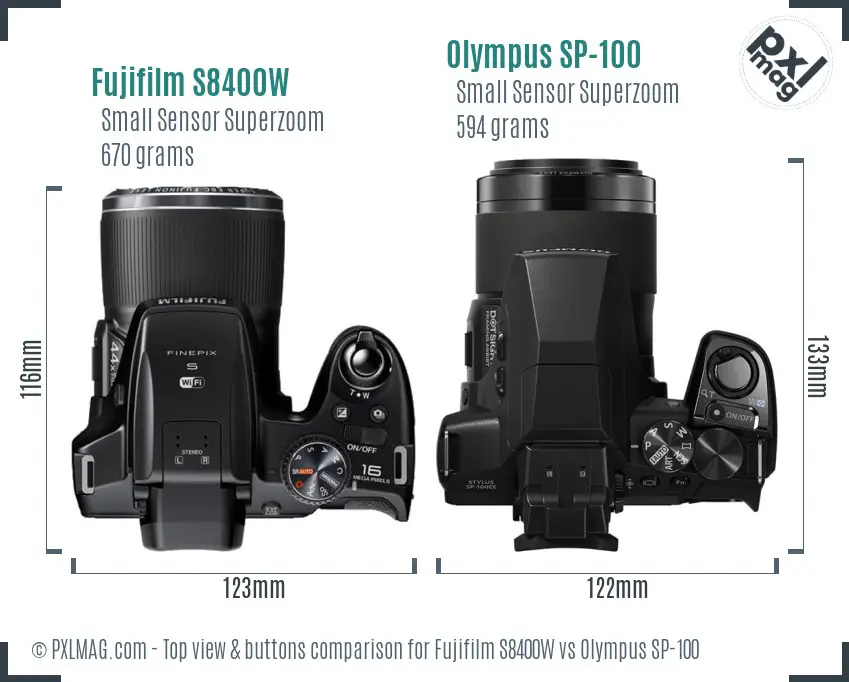 Fujifilm S8400W vs Olympus SP-100 top view buttons comparison