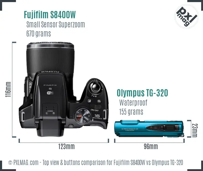 Fujifilm S8400W vs Olympus TG-320 top view buttons comparison