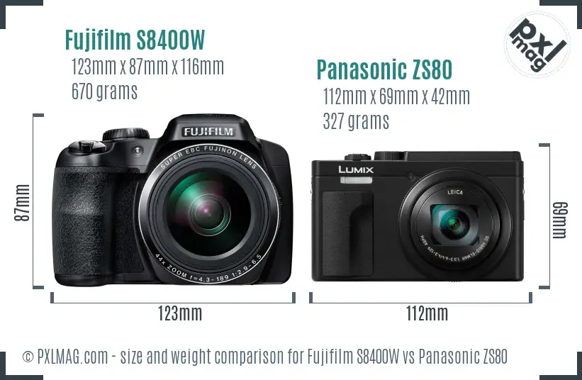 Fujifilm S8400W vs Panasonic ZS80 size comparison