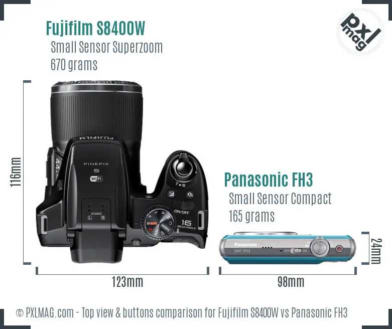 Fujifilm S8400W vs Panasonic FH3 top view buttons comparison